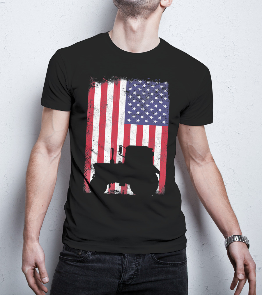 Tractor Silhouette Against Distressed American Flag Patriotic T-Shirt