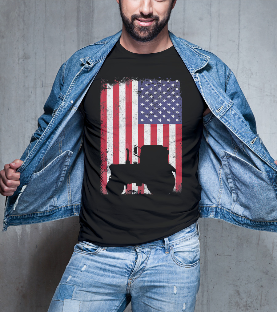 Tractor Silhouette Against Distressed American Flag Patriotic T-Shirt