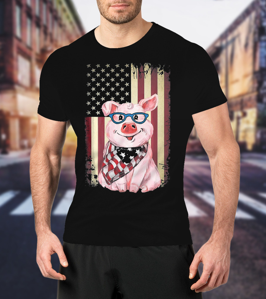 American Flag Pig With Glasses And Bandana T-Shirt