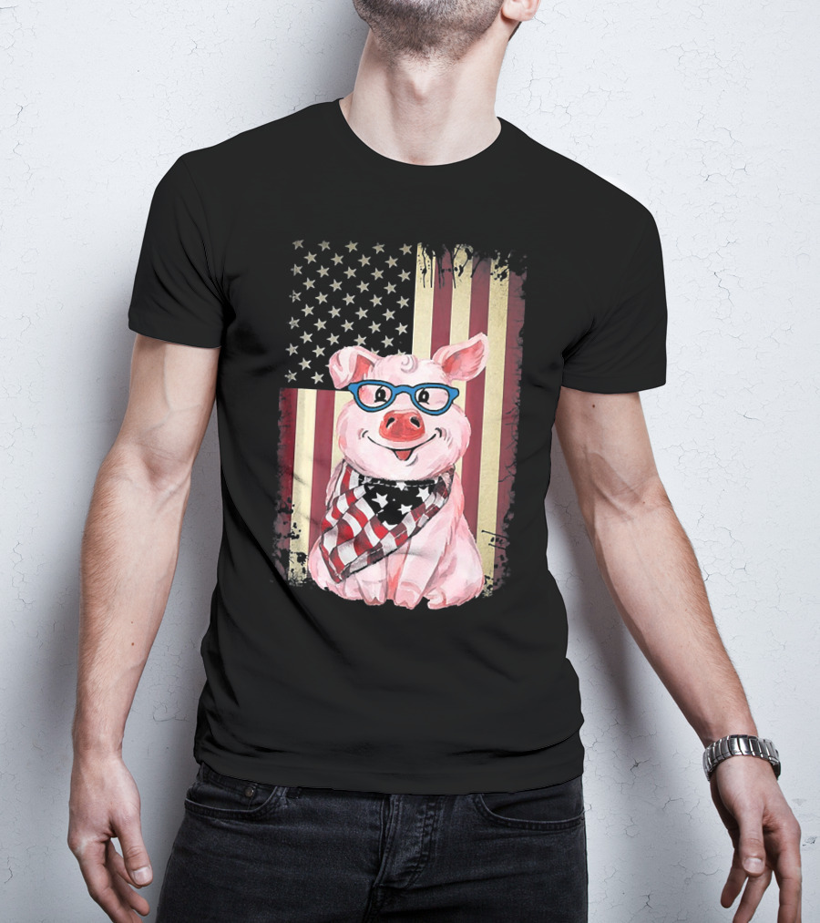 American Flag Pig With Glasses And Bandana T-Shirt