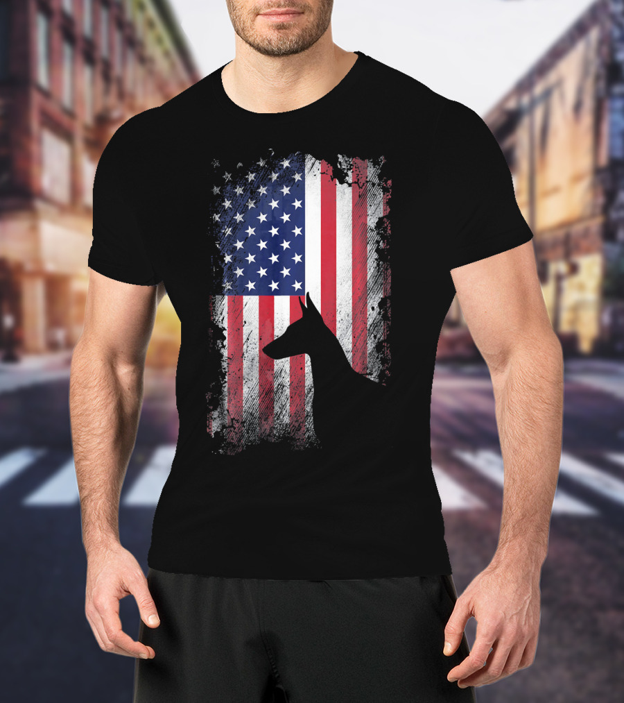 Doberman Pinscher Silhouette With American Flag Background T-Shirt