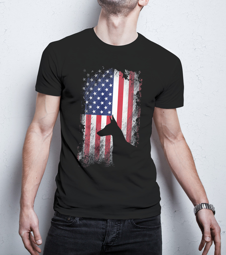 Doberman Pinscher Silhouette With American Flag Background T-Shirt