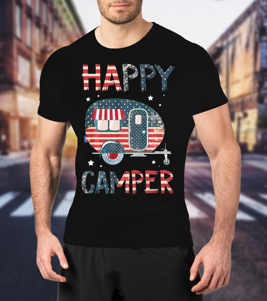 Happy Camper Stars And Stripes American Flag Patriotic T-Shirt