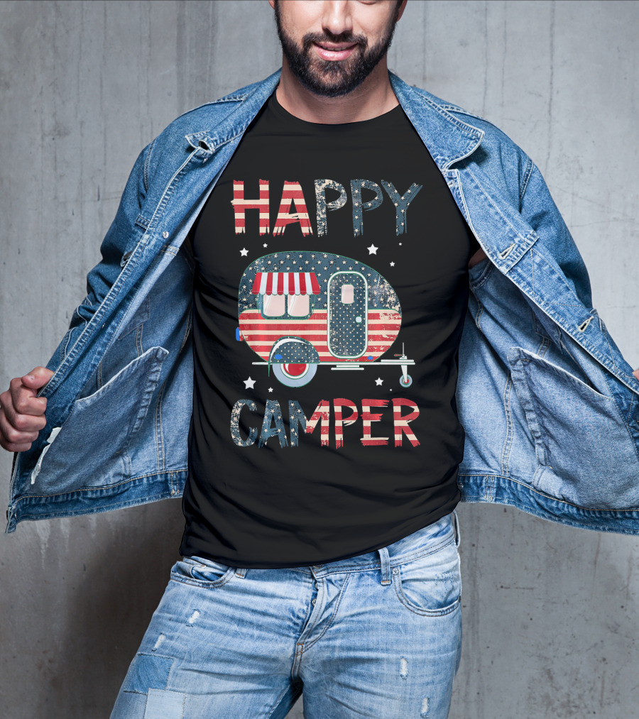 Happy Camper Stars And Stripes American Flag Patriotic T-Shirt