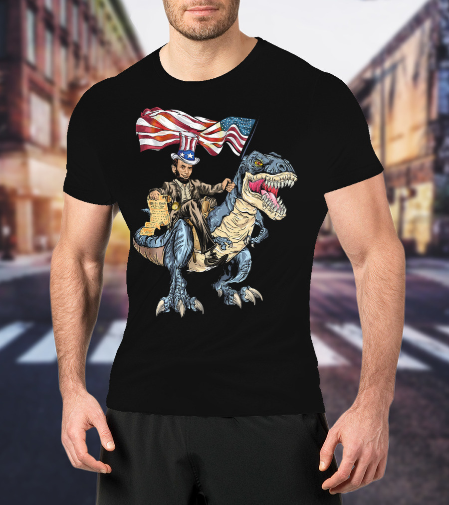 Abe Lincoln Riding Dinosaur With American Flag And Declaration T-Shirt
