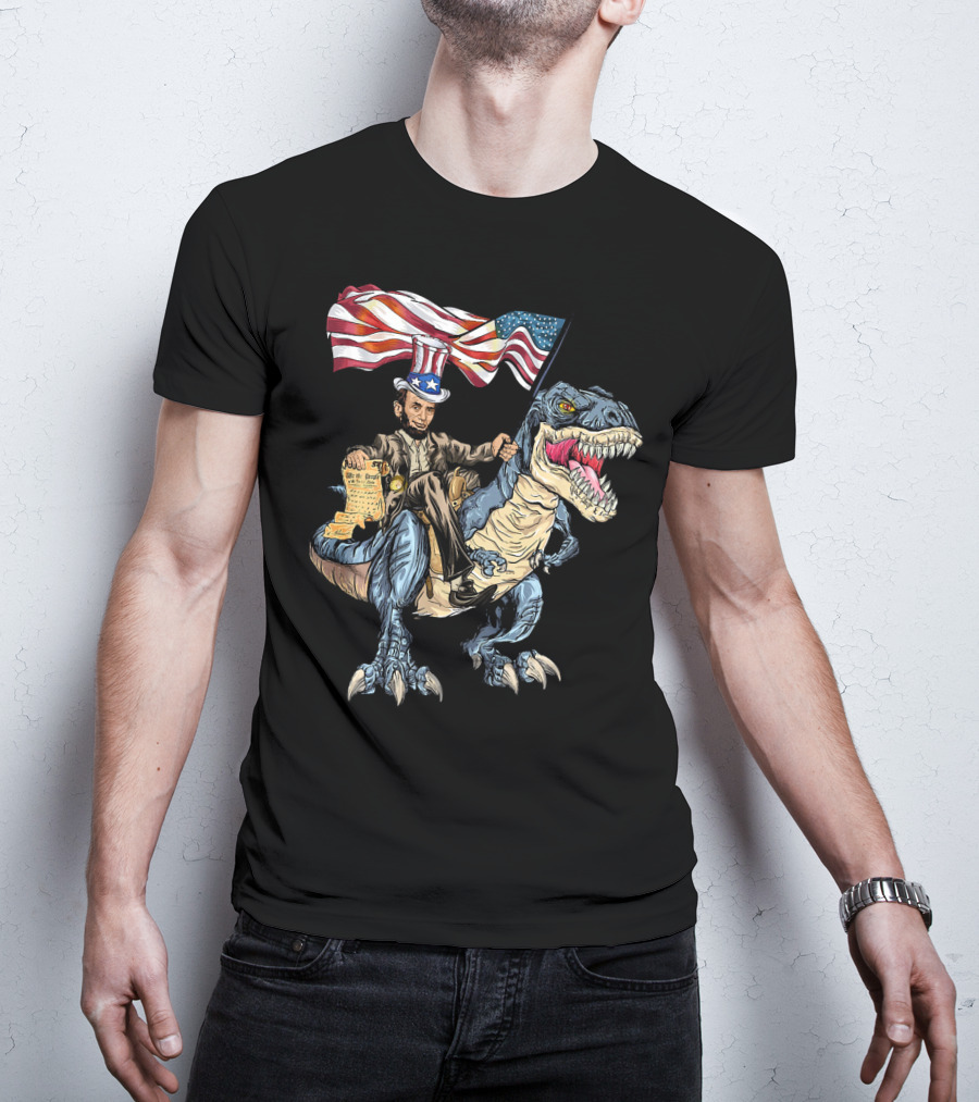Abe Lincoln Riding Dinosaur With American Flag And Declaration T-Shirt