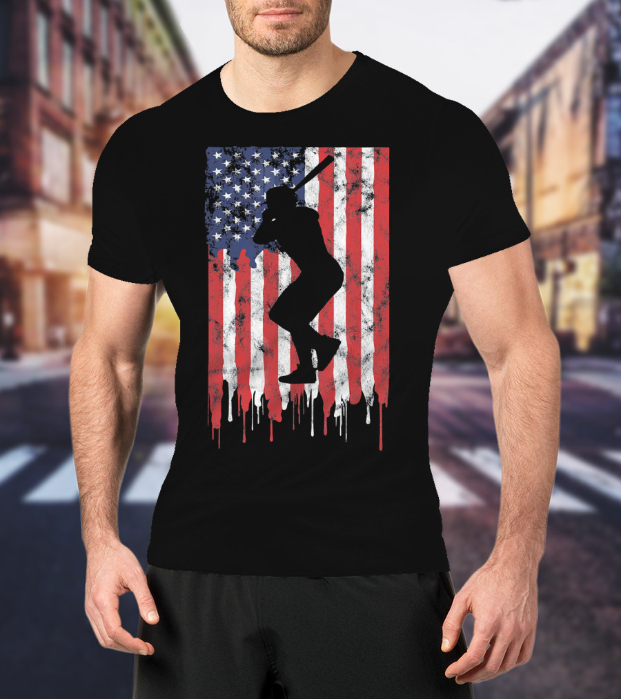 Vintage Baseball Batter Silhouette On Dripping American Flag Background T-Shirt