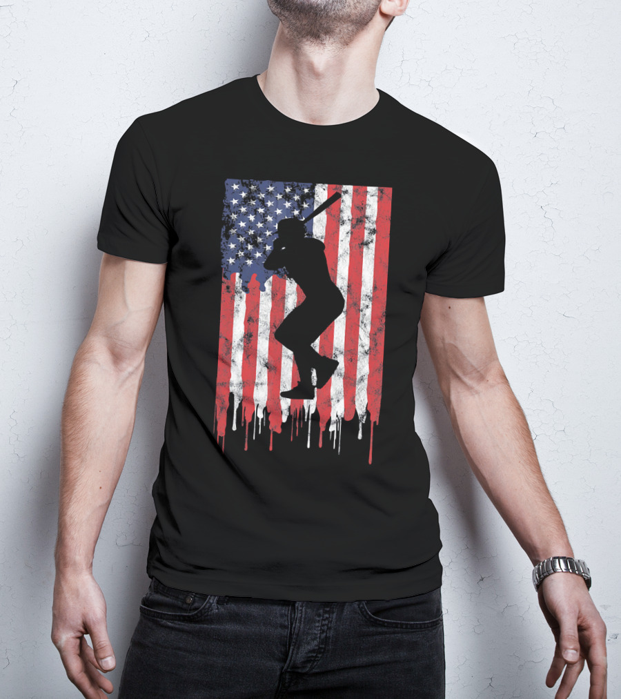 Vintage Baseball Batter Silhouette On Dripping American Flag Background T-Shirt