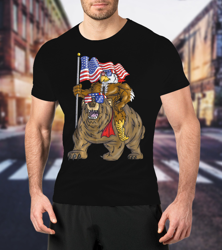 American Flag-Waving Bald Eagle Riding Bear With Sunglasses T-Shirt