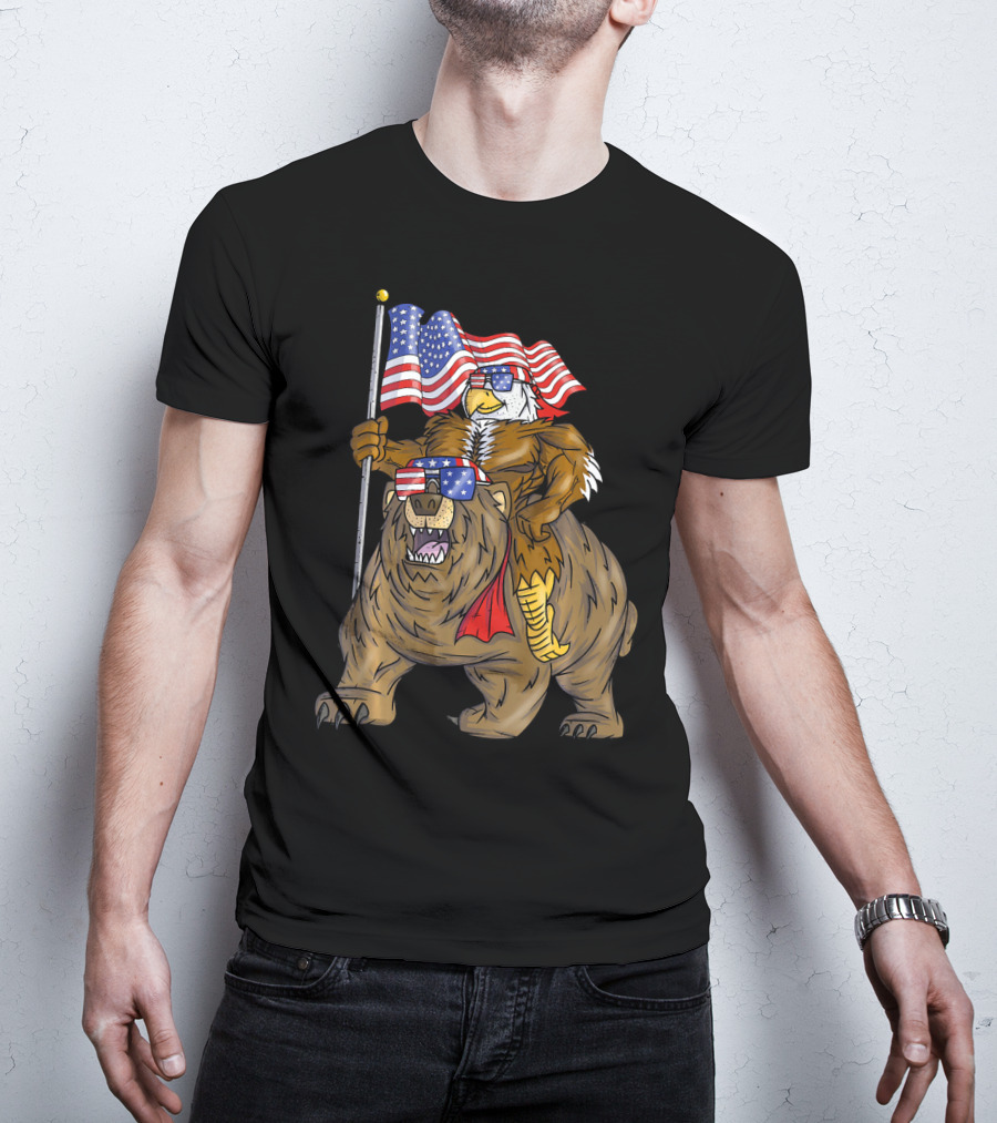 American Flag-Waving Bald Eagle Riding Bear With Sunglasses T-Shirt