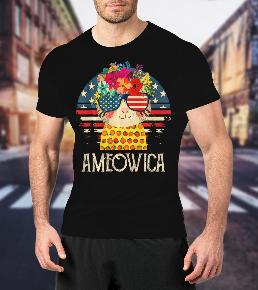 Ameowica Cute Cat With American Flag Glasses And Floral Crown T-Shirt