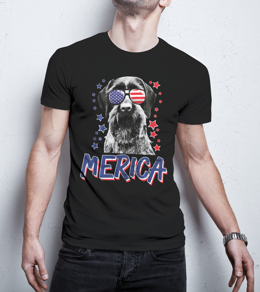 Merica German Wirehaired Pointer Dog With American Flag Sunglasses And Stars T-Shirt