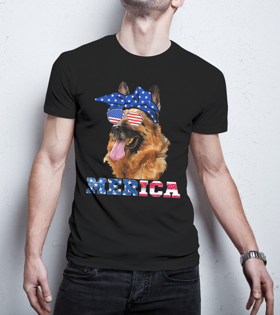 Merica German Shepherd Bandana Sunglasses American Flag T-Shirt