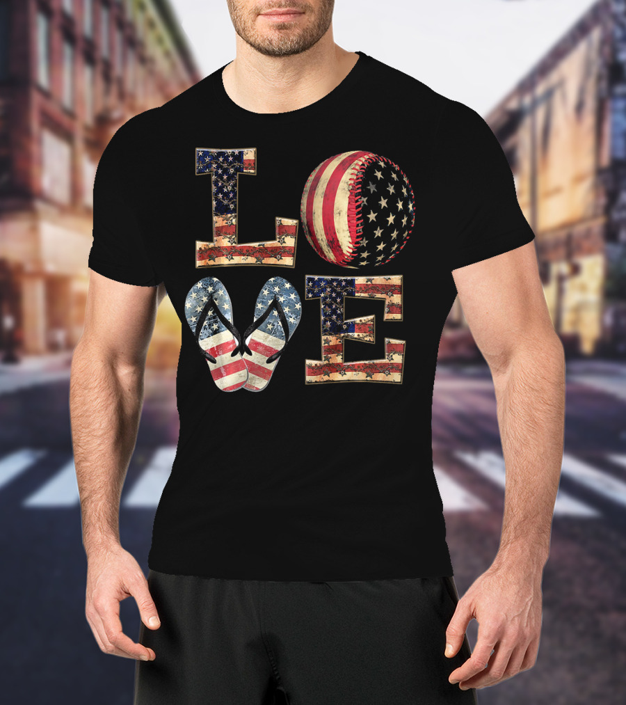 LOVE USA Baseball Softball Flip Flops T-Shirt