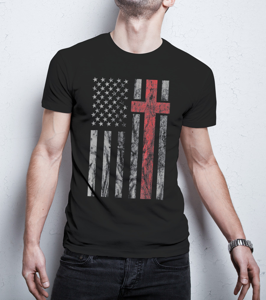 Vintage Distressed USA Flag With Red Christian Cross T-Shirt