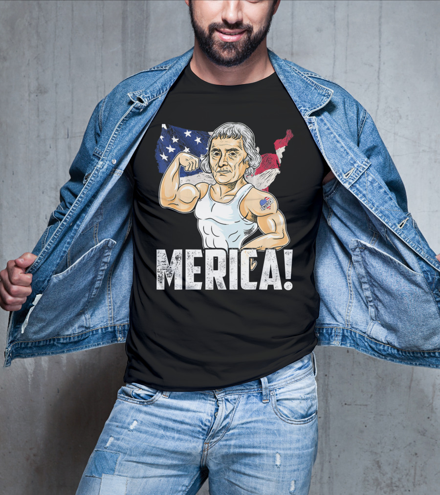 Thomas Jefferson Flexing Muscles Merica USA Flag T-Shirt