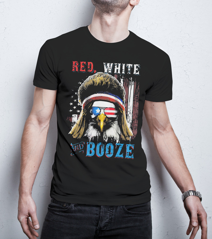 Red White And Booze America Flag Eagle With Sunglasses And Headband T-Shirt