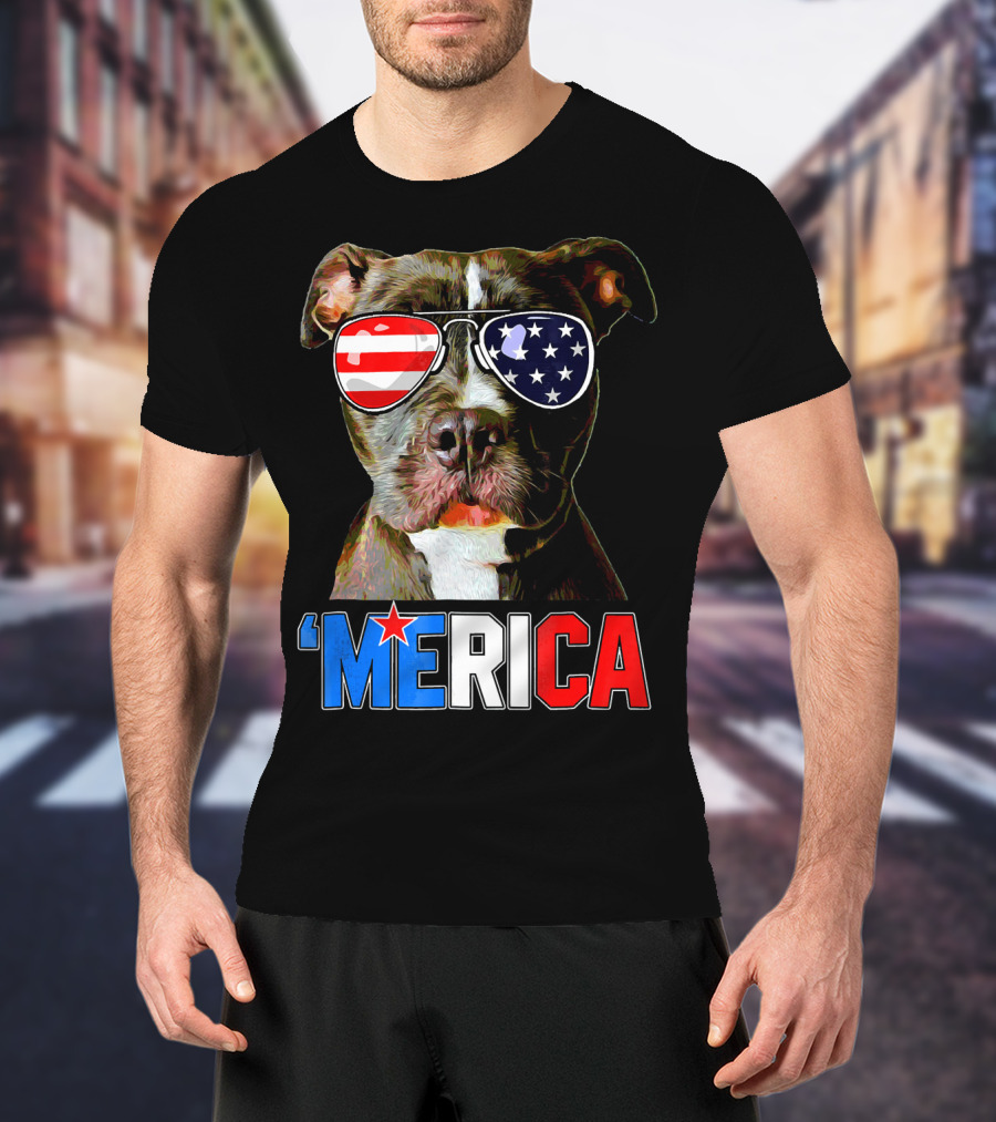 Pitbull 'Merica Memorial Day Patriotic USA Sunglasses T-Shirt