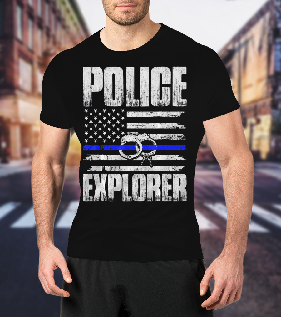 Police Explorer American Flag Handcuffs Thin Blue Line T-Shirt