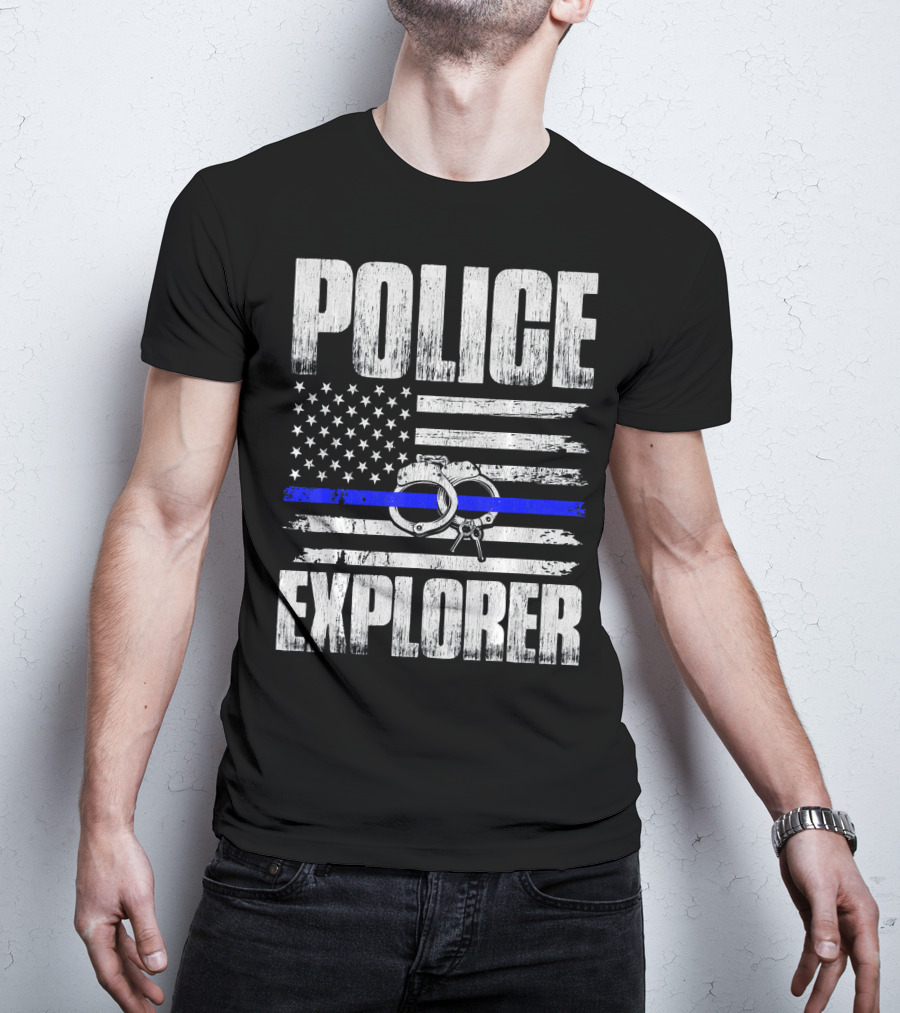 Police Explorer American Flag Handcuffs Thin Blue Line T-Shirt