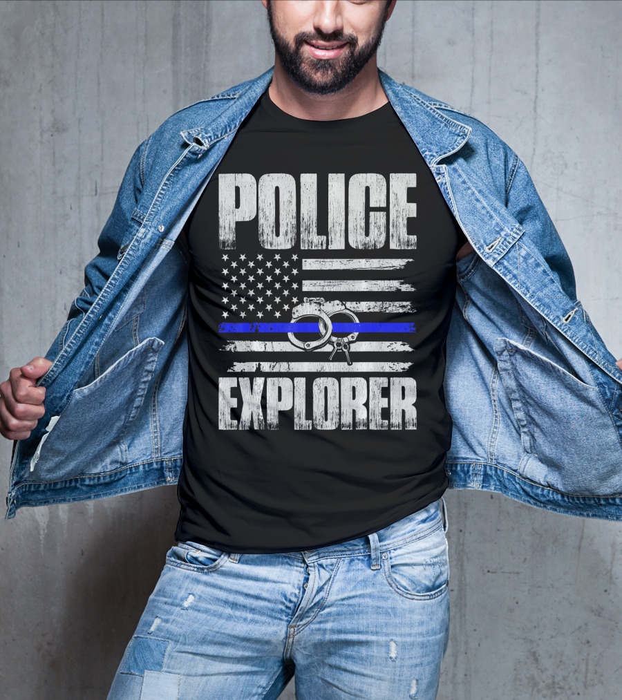 Police Explorer American Flag Handcuffs Thin Blue Line T-Shirt