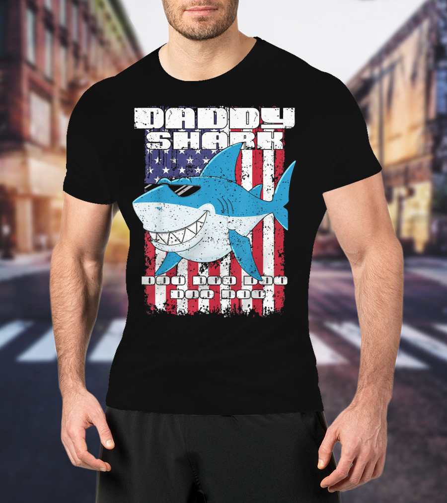 Daddy Shark Doo Doo Doo American Flag T-Shirt