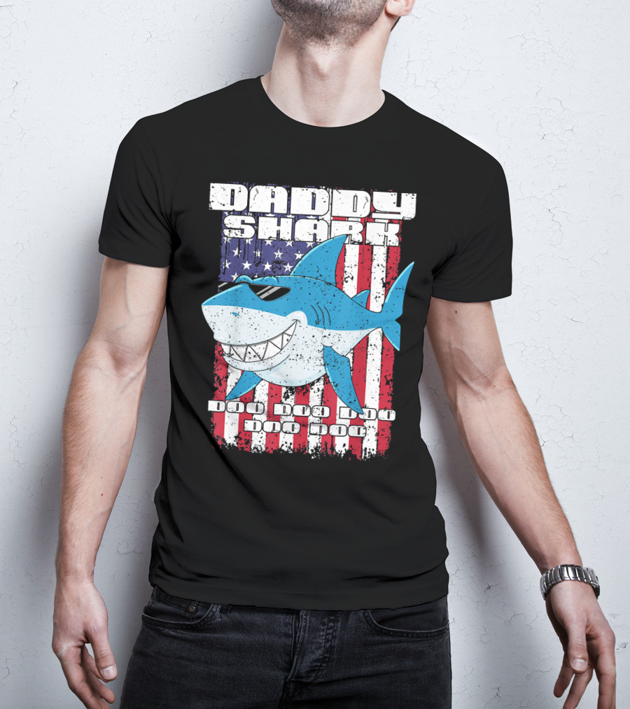 Daddy Shark Doo Doo Doo American Flag T-Shirt