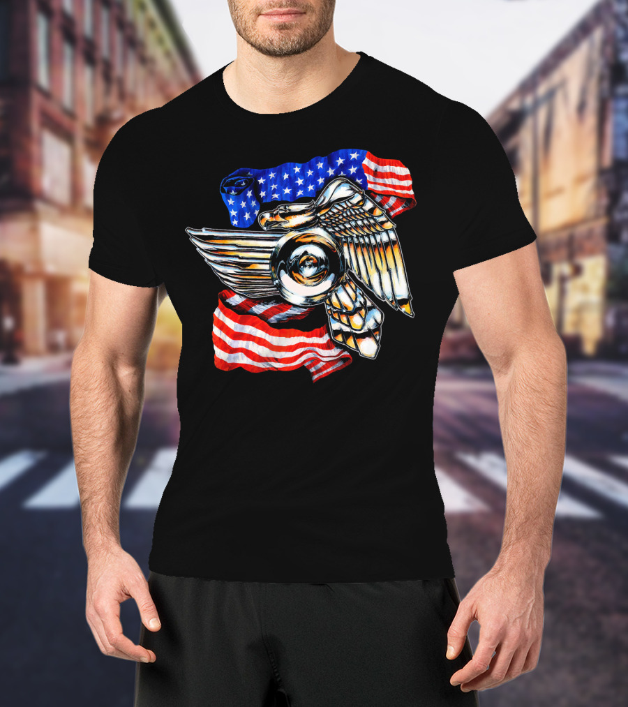 American Motorcycle Biker Eagle Emblem With Flag Wings T-Shirt