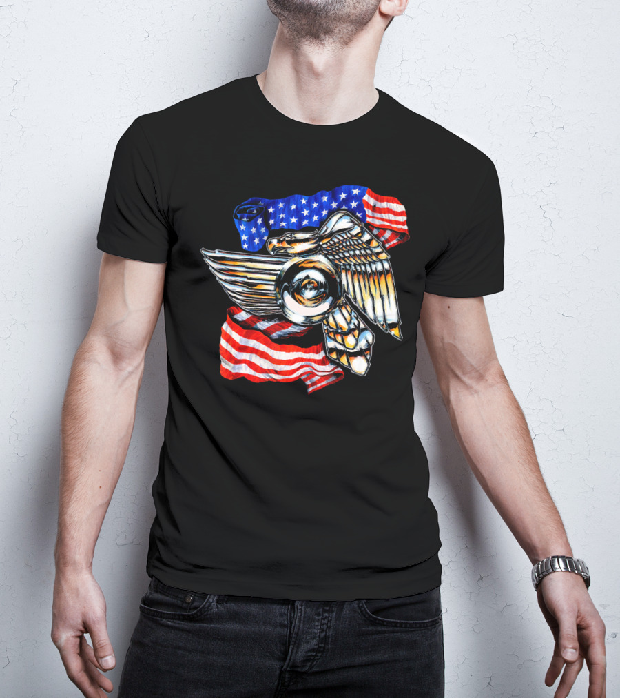 American Motorcycle Biker Eagle Emblem With Flag Wings T-Shirt