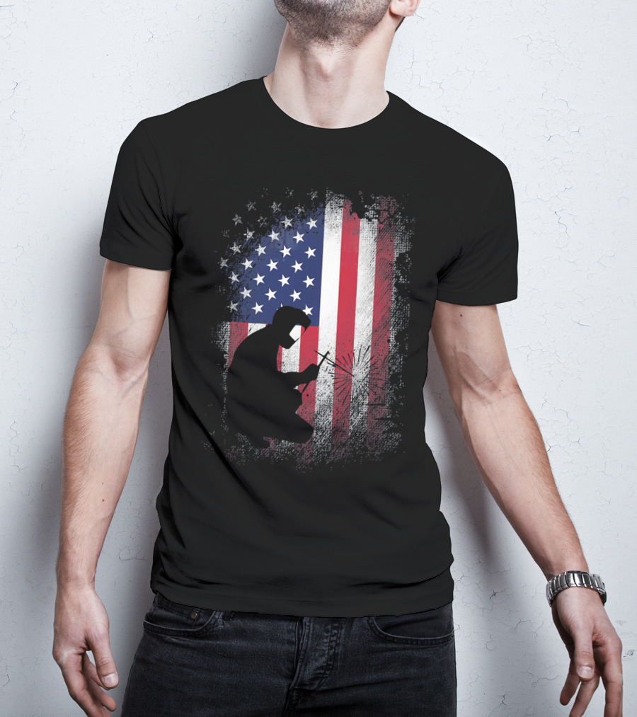 Welder Silhouette With American Flag USA Patriotic T-Shirt