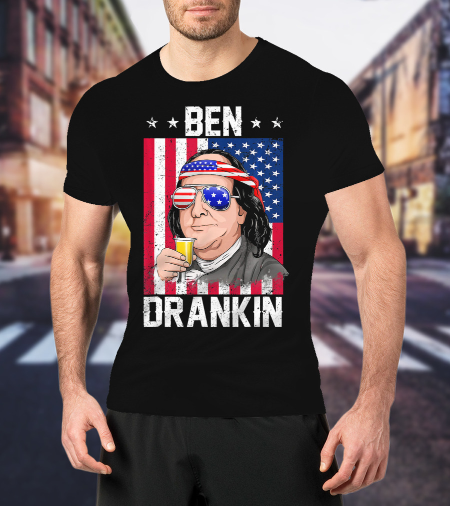 Ben Drankin American Flag Shades And Stars With Beer T-Shirt