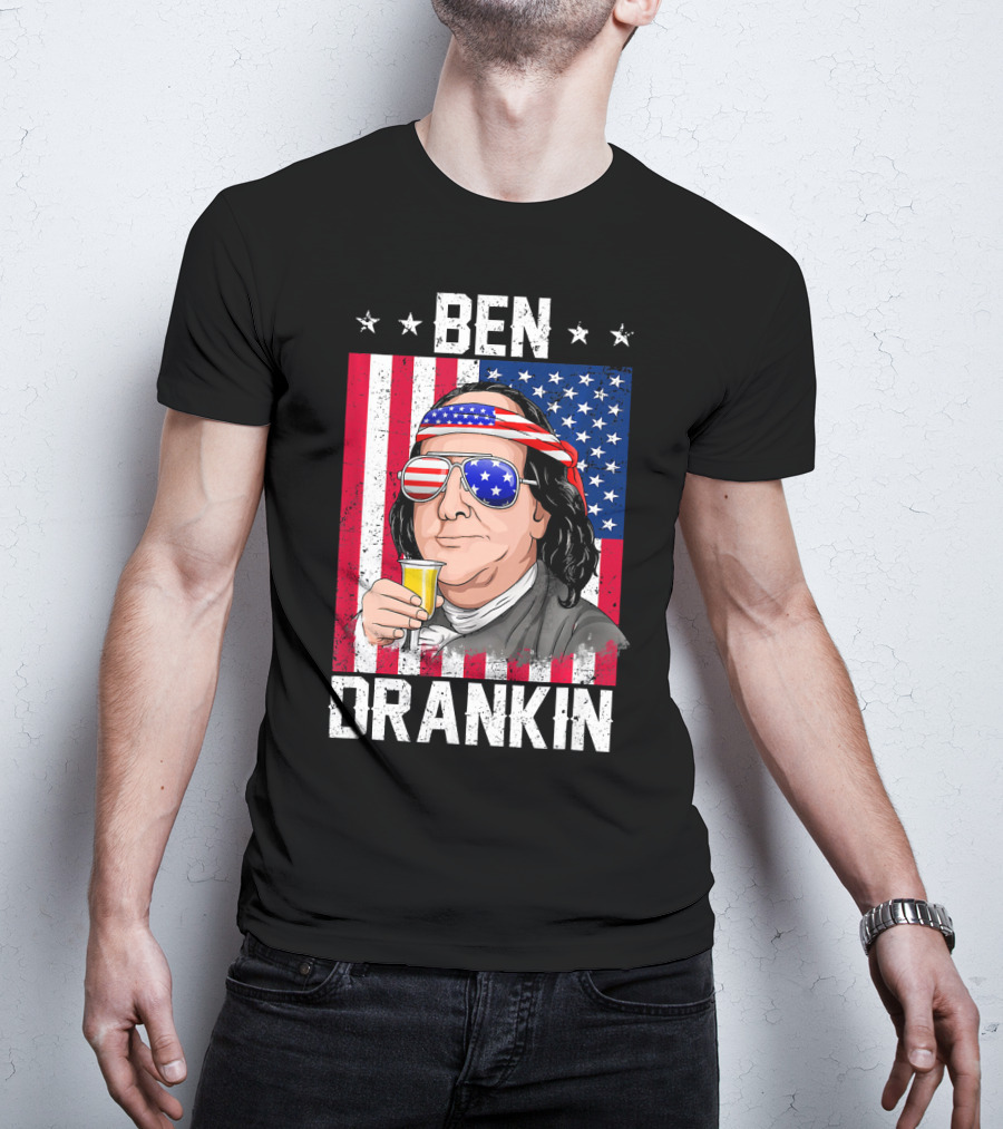 Ben Drankin American Flag Shades And Stars With Beer T-Shirt