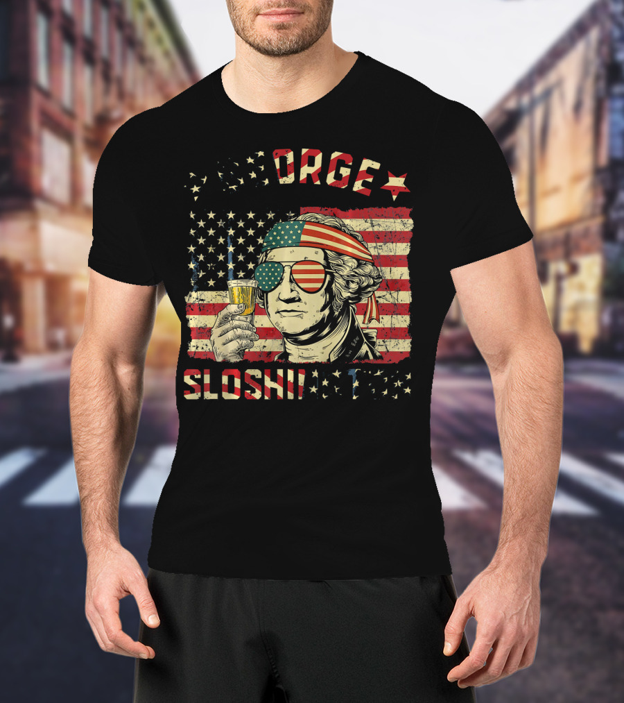 George Sloshington American Flag Aviator With Beer And Headband T-Shirt