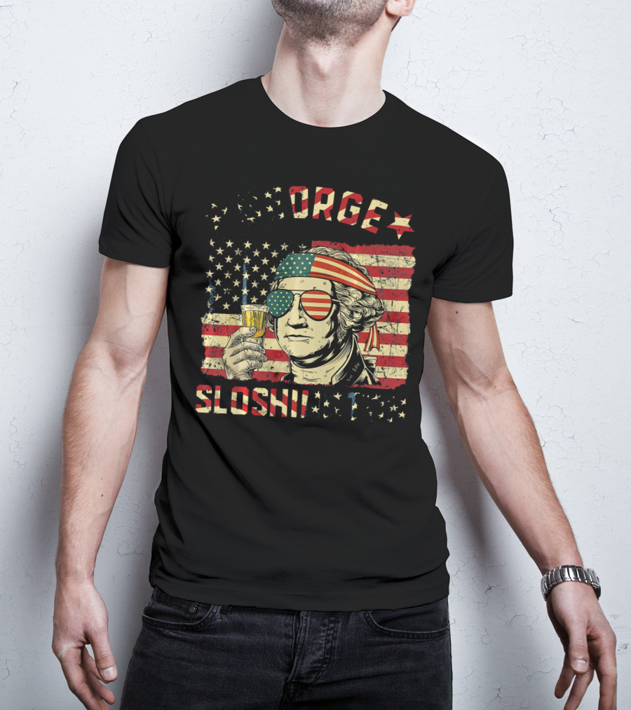 George Sloshington American Flag Aviator With Beer And Headband T-Shirt