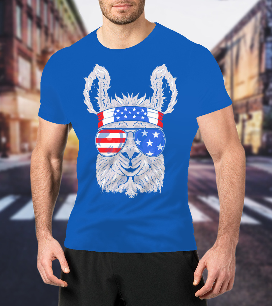 Patriotic Llama With American Flag Sunglasses And Headband For USA Independence Day T-Shirt