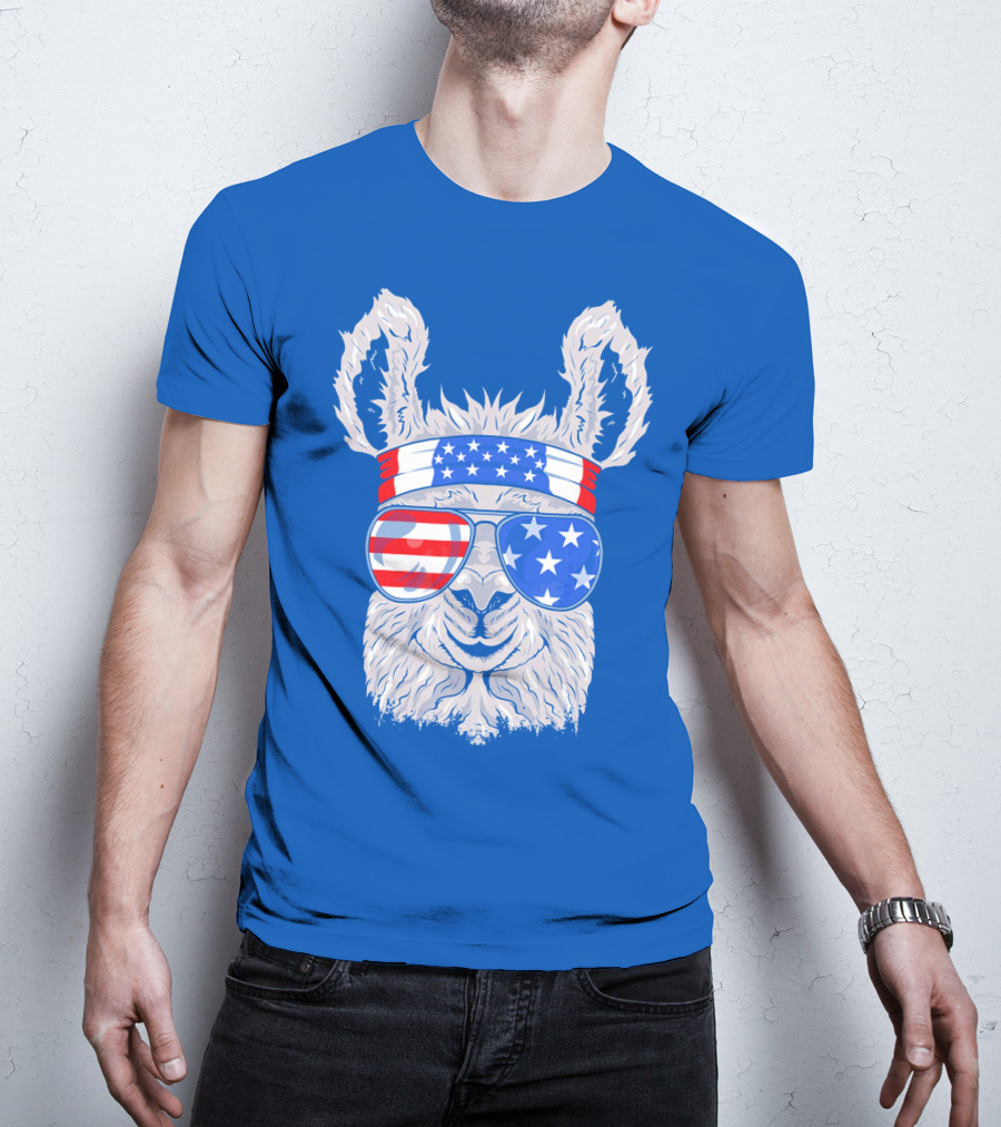 Patriotic Llama With American Flag Sunglasses And Headband For USA Independence Day T-Shirt