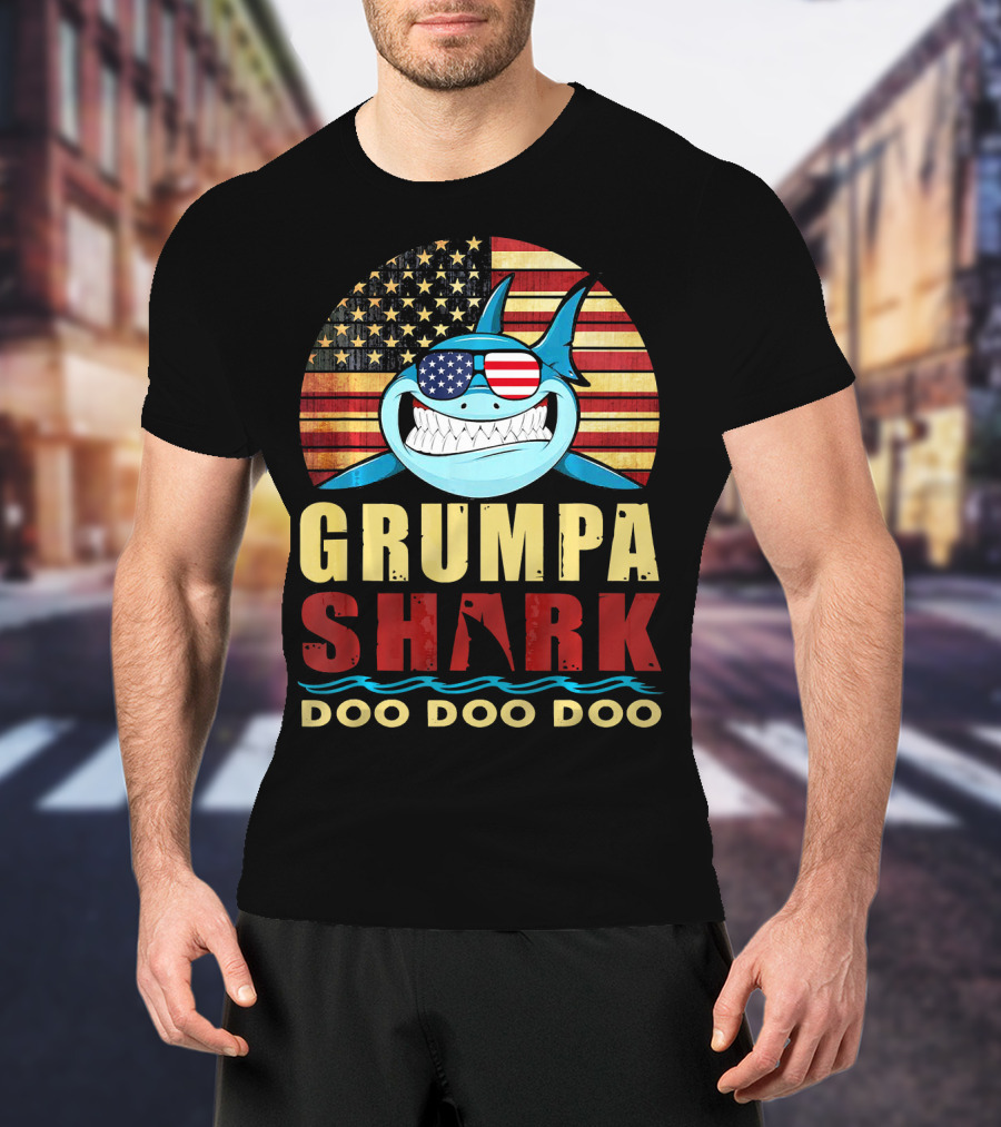 Grumpa Shark Doo Doo Doo American Flag T-Shirt