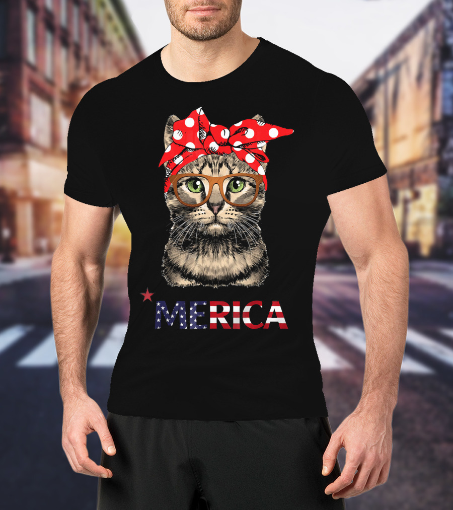 Merica Cat Red Bandana USA Flag Glasses T-Shirt