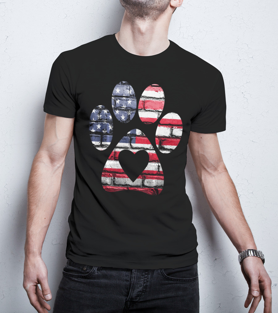 Patriotic Dog Paw With American Flag Heart T-Shirt