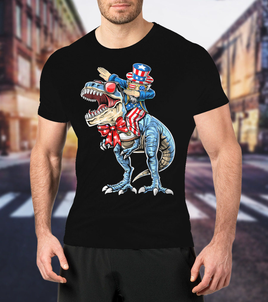 Dabbing Uncle Sam On Dinosaur With Patriotic Stars And Stripes Hat And Sunglasses T-Shirt