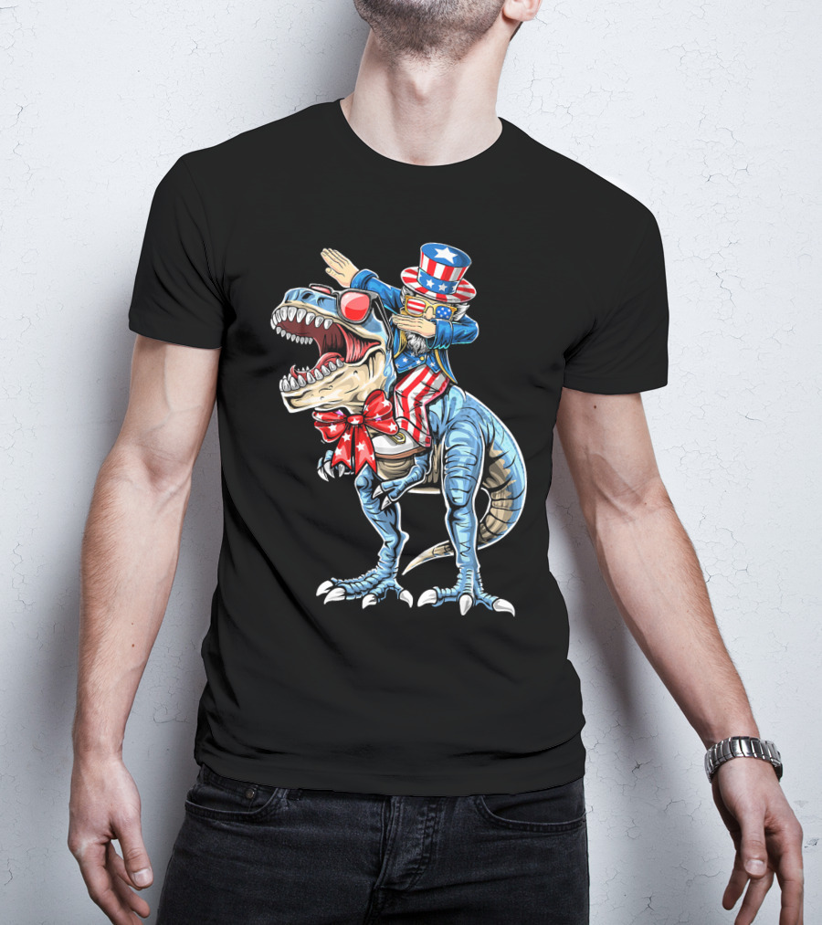 Dabbing Uncle Sam On Dinosaur With Patriotic Stars And Stripes Hat And Sunglasses T-Shirt