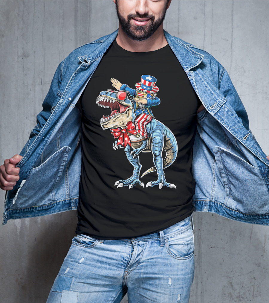 Dabbing Uncle Sam On Dinosaur With Patriotic Stars And Stripes Hat And Sunglasses T-Shirt