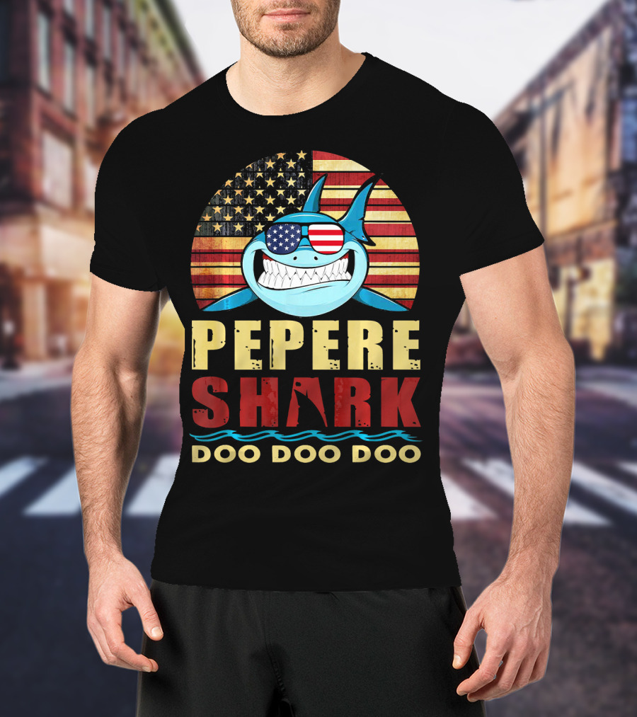 Pepere Shark American Flag Doo Doo Doo T-Shirt