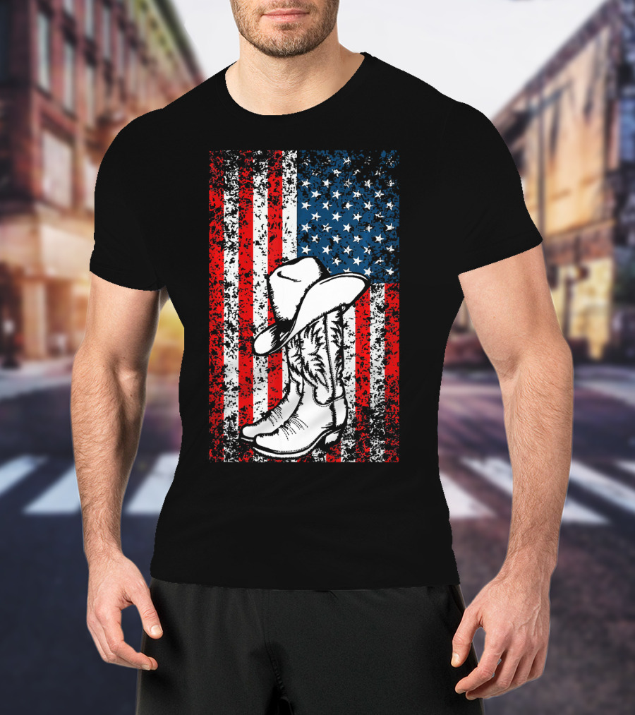 Cowboy Hat Boots American Flag Patriotic T-Shirt