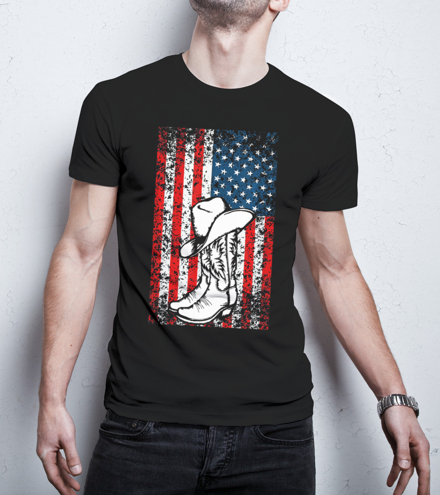 Cowboy Hat Boots American Flag Patriotic T-Shirt