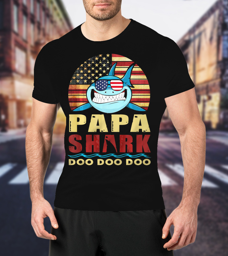 Papa Shark American Flag Doo Doo Doo T-Shirt