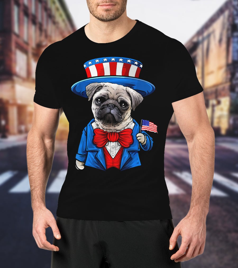 Uncle Sam Pug Holding American Flag Fourth Of July Dog Humor T-Shirt