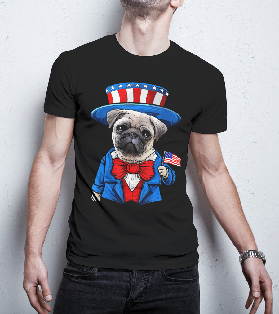 Uncle Sam Pug Holding American Flag Fourth Of July Dog Humor T-Shirt