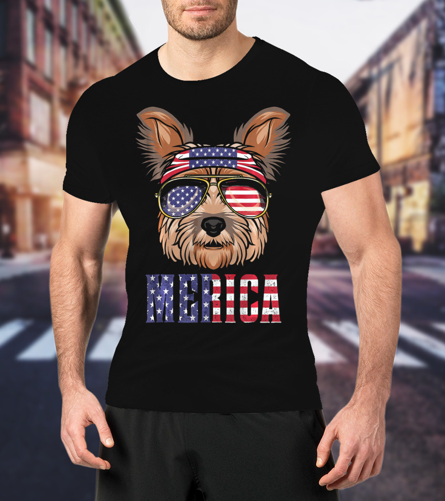 Yorkie Dog Merica American Flag Sunglasses Bandana T-Shirt