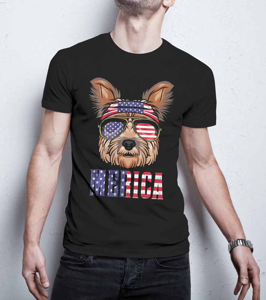 Yorkie Dog Merica American Flag Sunglasses Bandana T-Shirt